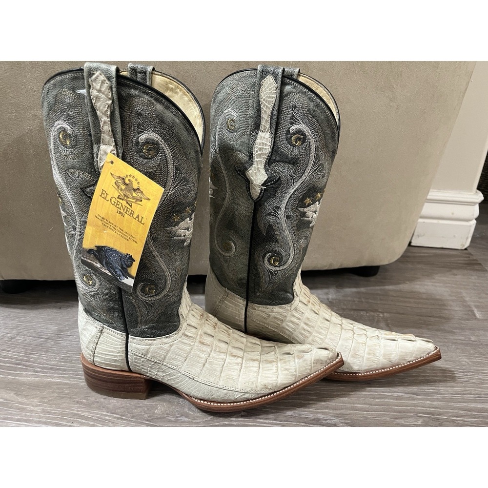 El General Cowboy Boots Cayman Tail & Cowhide Leather Ivory Bone White Size 6.5
